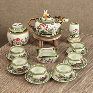 [Bát Tràng] Bộ Ấm Trà Dáng Con Trâu Vẽ Hoa Sen