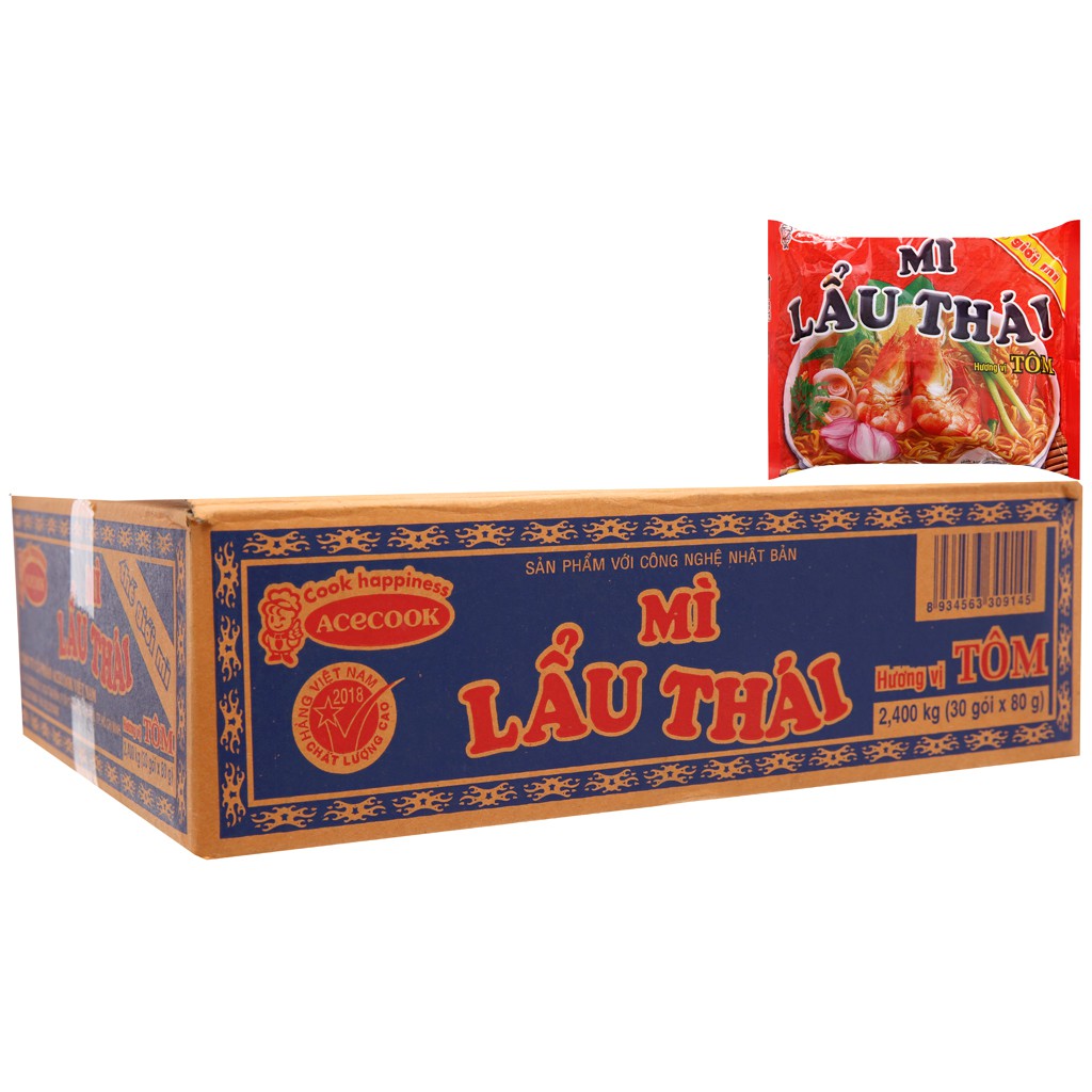 Thùng 30 gói mì Lẩu Thái vị tôm ACECOOK 80g