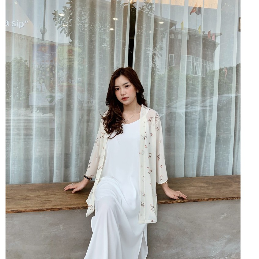 Áo khoác kimono đi biển hoa nhí đỏ