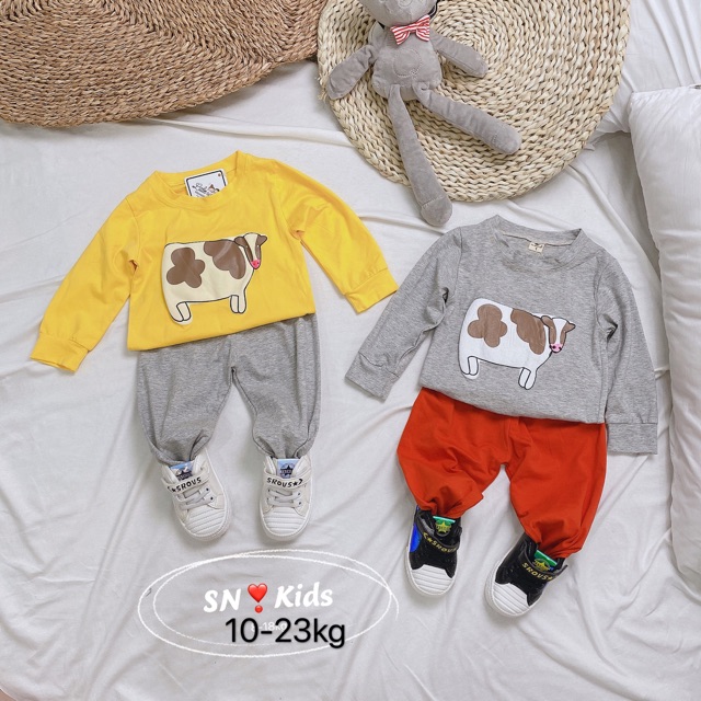 Bộ cotton vải xuất in hình bò sữa cho bé trai bé gái