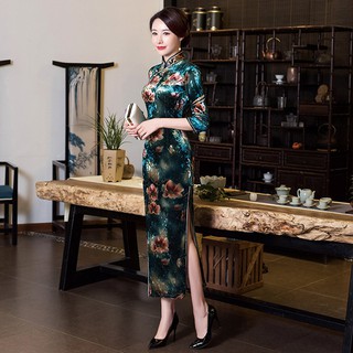 #SX116 ĐẦM SƯỜN XÁM QUÝ BÀ DÁNG DÀI CỔ TÀU HỌA TIẾT HOA SANG TRỌNG CÓ SIZE LỚN 5XL - HÀNG NHẬP KHẨU