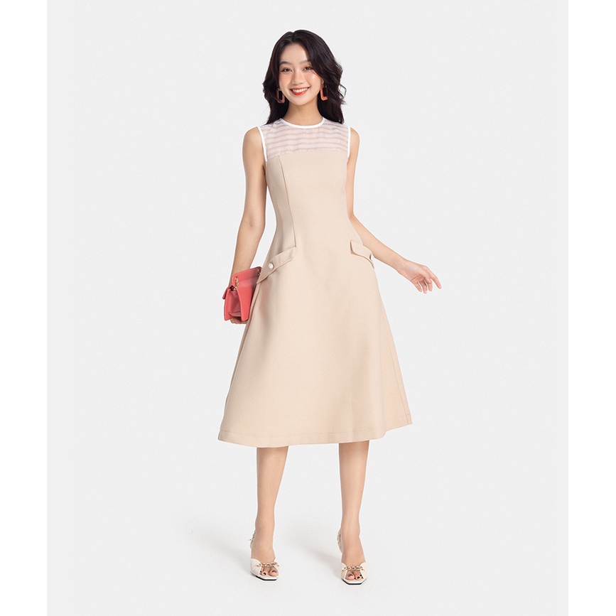 Đầm Nữ Midi HNOSS Phối Organza Sọc HNDLU035