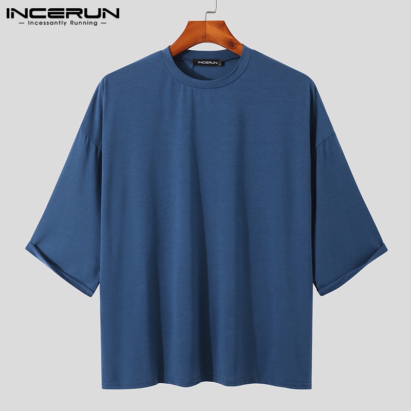 Áo thun INCERUN cotton tay lỡ cổ tròn màu trơn thời trang mùa hè cho nam giới
