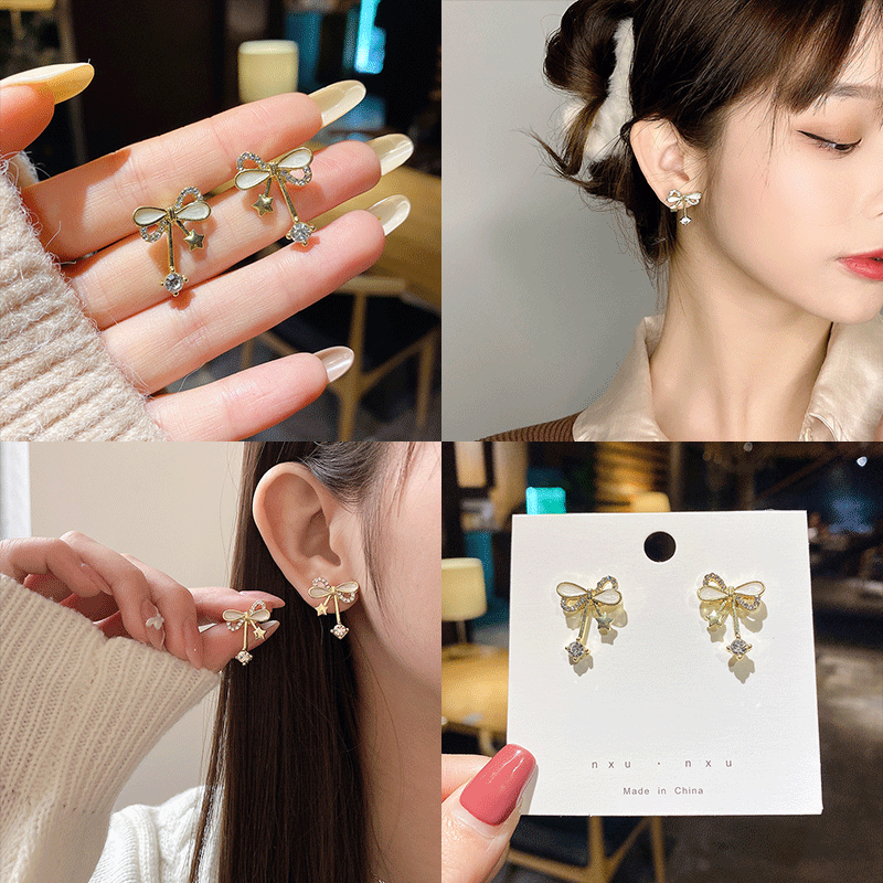 Bông tai trang trí hình nơ đính đá xinh xắn cho nữ