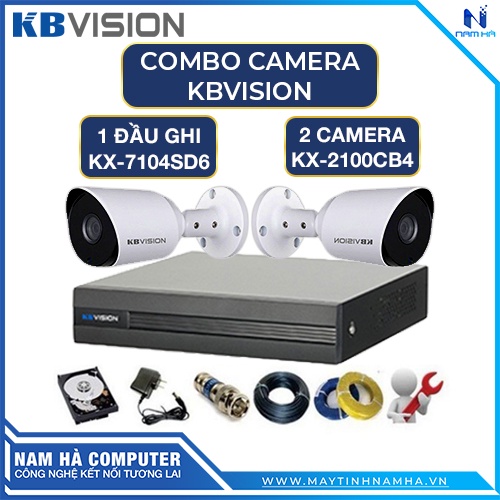 Combo 2 Camera 2.0MP FullHD kbvision + 1 Đầu ghi 7104SD6 H264+ HDD 500GB + Phụ kiện Chính Hãng