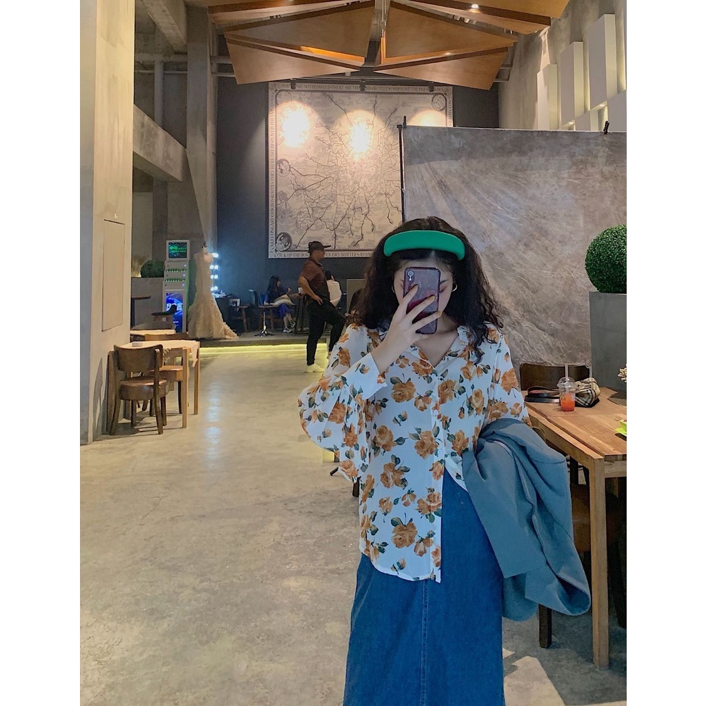 Áo Sơ Mi chiffon Tay Dài Họa Tiết Hoa Hồng Vàng Thời Trang Phong Cách retro Cho Nữ