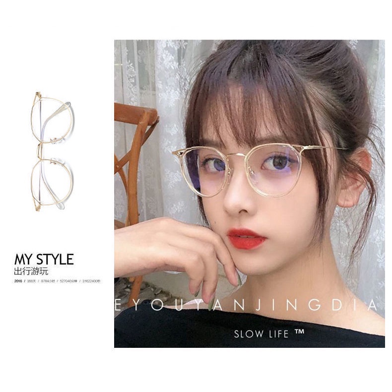 Kính giả cận gọng tròn mắt mèo thời trang nữ, mắt kính không độ chống tia UV phong cách Hàn Quốc ABICA 066