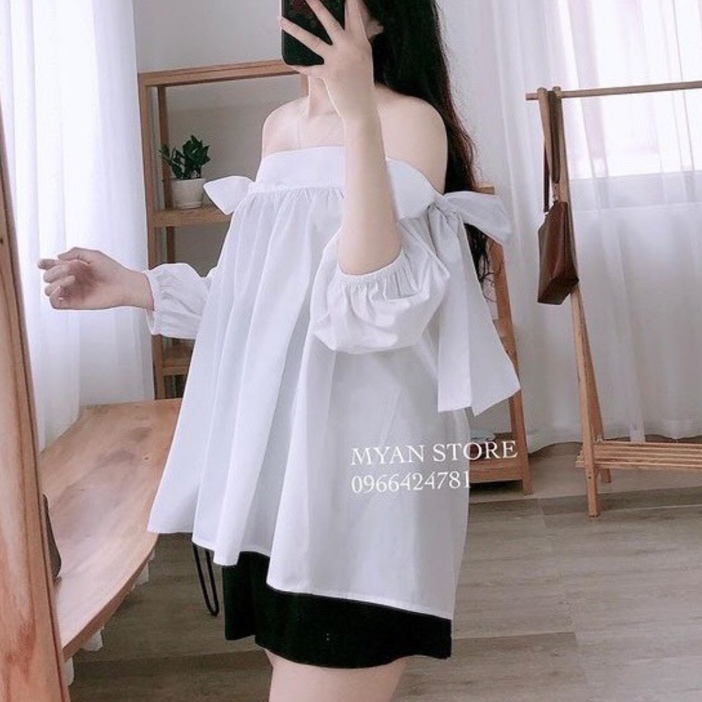 Áo trễ vai buộc nơ lệch cực xinh cho nữ, Áo freesize cho nữ từ 43-54kg, hàng đẹp có sẵn