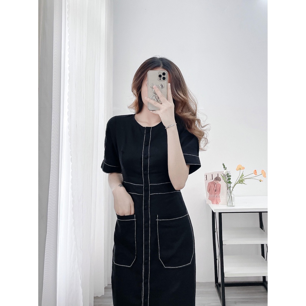 SWANLAKE | Đầm Linen Cổ Tròn Có Túi Đơn Giản, Thanh Lịch - MÃ: D10190LW01