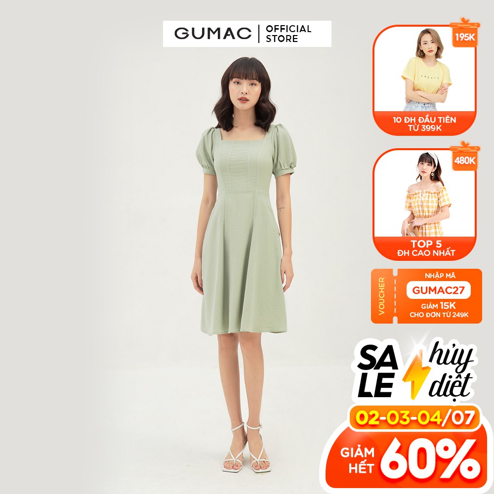 [Mã WABRGU72 giảm 10% tối đa 50k đơn 250k] Đầm xòe nữ cổ vuông dằn chỉ GUMAC màu xanh trơn DB345