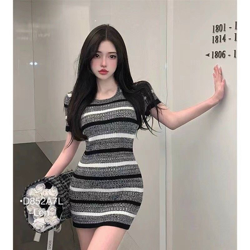 Đầm Len Kẻ Dáng Ôm Váy Body Sọc Cổ Tròn Ngắn Tay Phong Cách Hàn Quốc