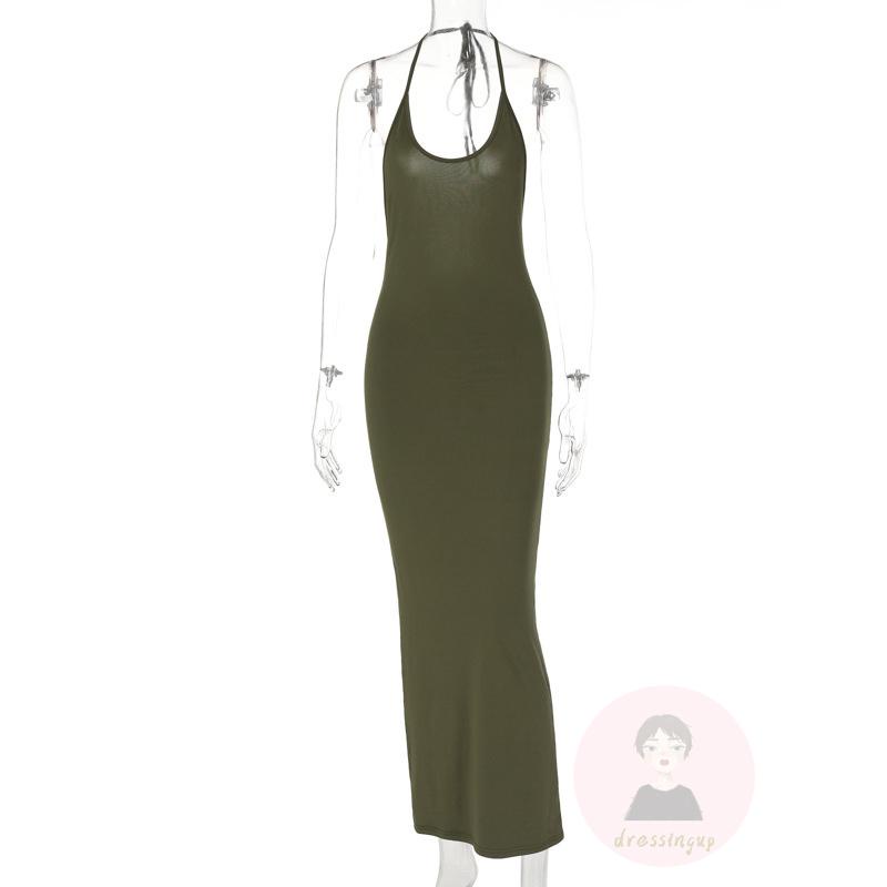 DRE-Women Sleeveless Halter Neck Dress, Solid Color Backless Tie-Up Bodycon Dress