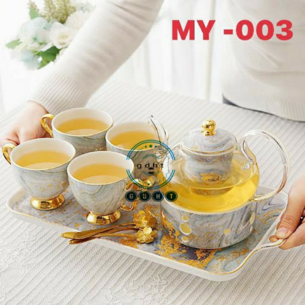 BỘ ẤM THỦY TINH,4 CHÉN SỨ ĐẾ NẾN KÈM KHAY