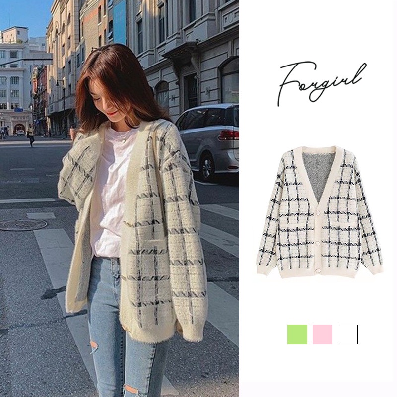 Áo cardigan Forgirl hoạ tiết sọc vân phối túi