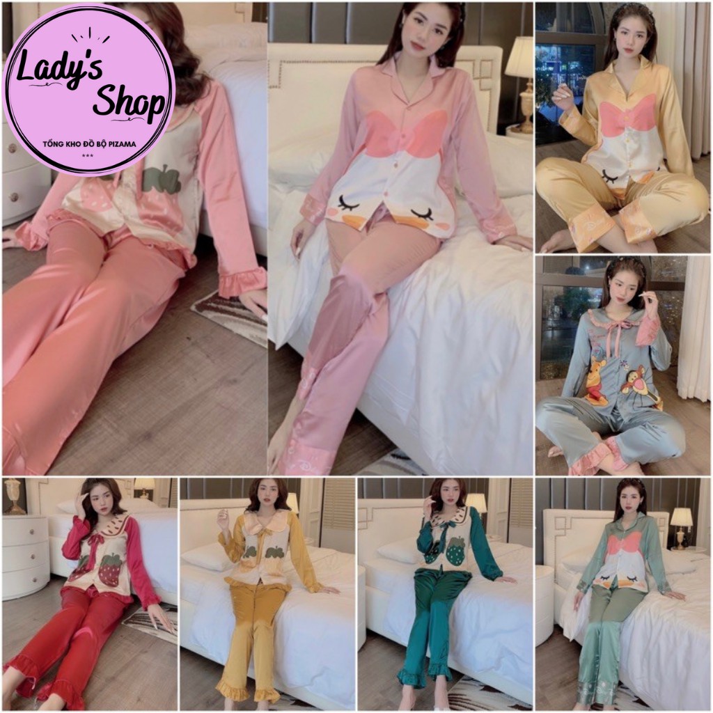 Bộ lụa Pijama - Bộ Lụa Tay Dài Tiểu Thư Cổ Phối Bèo Nơ