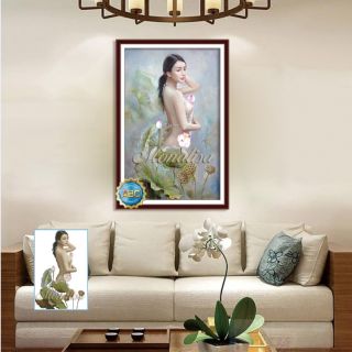 TRANH ĐÍNH ĐÁ CÔ GÁI KHỎA THÂN BÊN HOA SEN DF2895