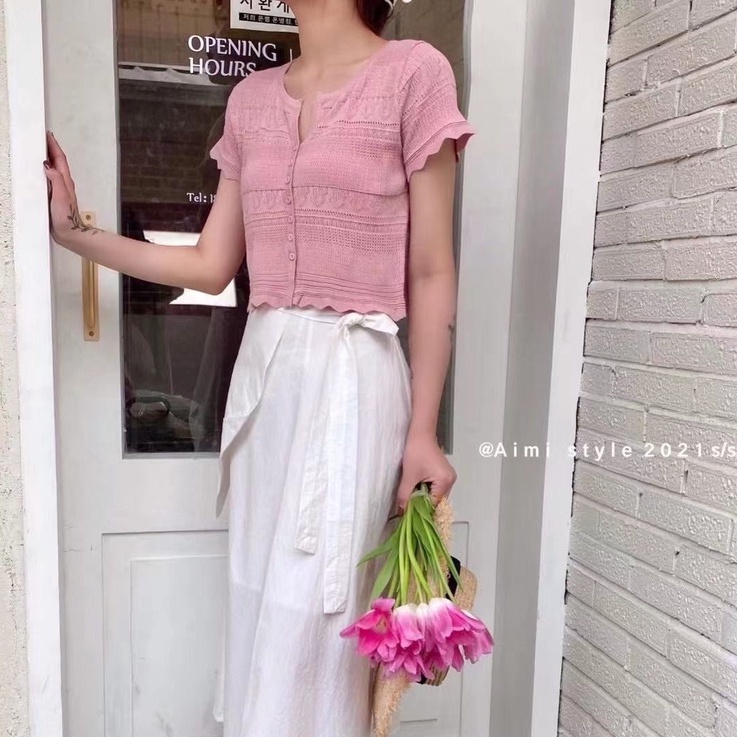 Áo dệt kim ZHELIHANGFEI tay ngắn cổ V xẻ sâu gợi cảm thời trang