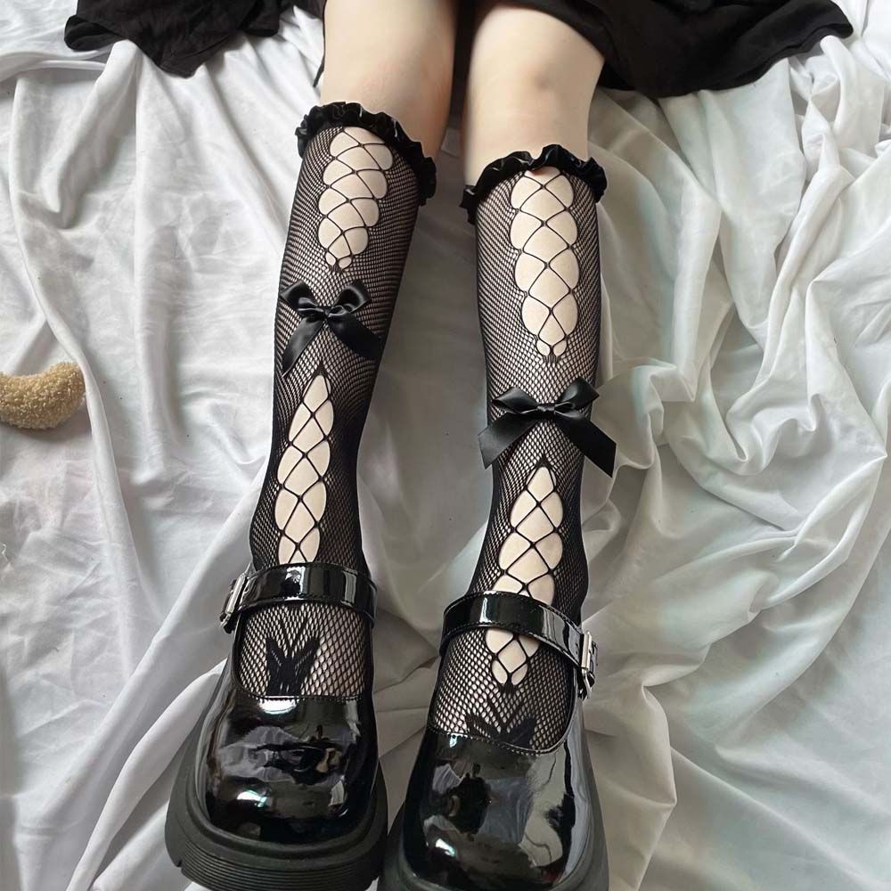 Đôi tất cổ cao ngang đầu gối phối lưới khoét lỗ rỗng co giãn đính nơ phong cách anime Kawaii cho phụ nữ