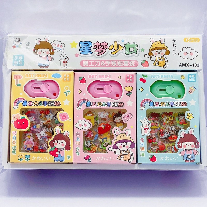 Hộp sticker cute gồm 8 miếng kèm dao dọc giấy màu xanh, hồng, vàng ...