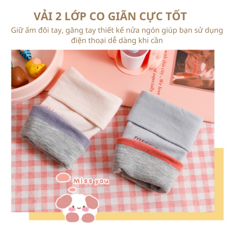 Găng Tay Hở Ngón Giữ Ấm Ôm Tay Thêu Họa Tiết Dễ Thương Dệt Kim 2 Lớp Huyna Mart TT01