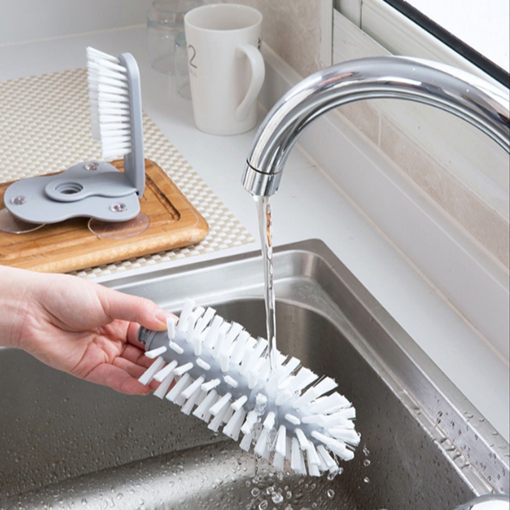 Bàn chải 2 mặt có cốc hút gắn tường dùng để rửa ly tiện lợi