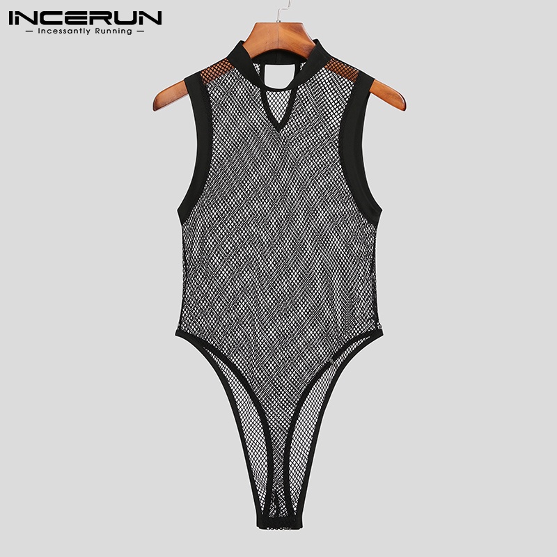 Bộ áo liền quần INCERUN bằng lưới không tay ôm dáng vừa vặn quyến rũ dành cho nam