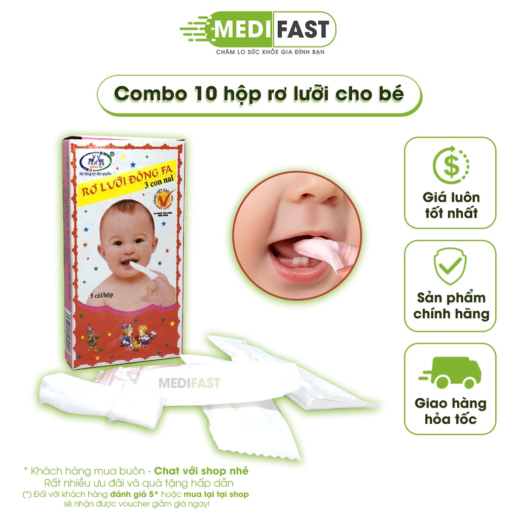 Gạc rơ lưỡi Đông FA Combo 10 hộp - an toàn - giúp vệ sinh miệng cho bé - rơ lưỡi đông fa 3 con nai