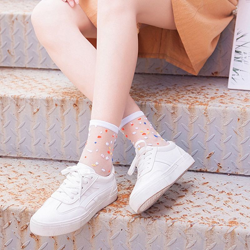 Xiangbao Vớ Lưới Sợi Thủy Tinh Trong Suốt Siêu Mỏng Thoáng Khí Kẻ Sọc Chấm Bi Nhiều Màu Cho Nữ Mi