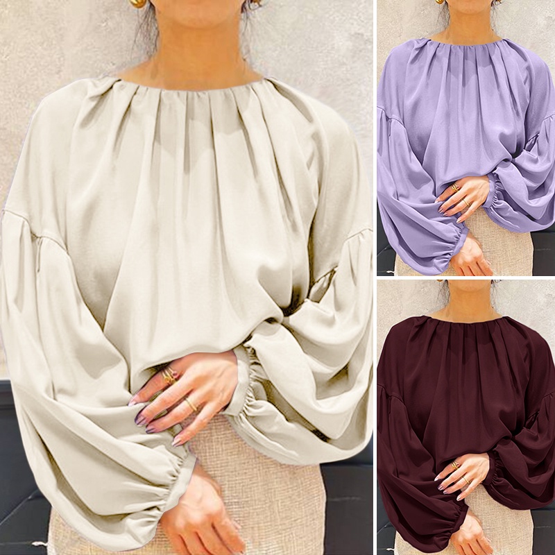 Áo sơ mi kiểu ZANZEA cổ tròn tay phồng dài dễ phối trang phục phong cách Hàn Quốc cho nữ