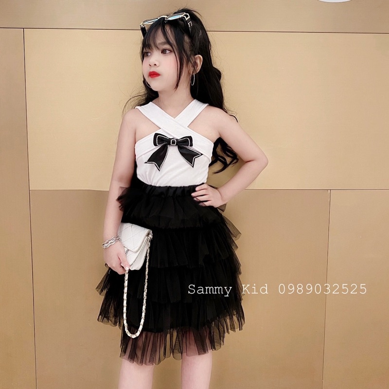 Set áo yếm cổ Nơ đá Chân váy xoè tầng cho bé size đại 16-40kg sang chảnh Nữ tính