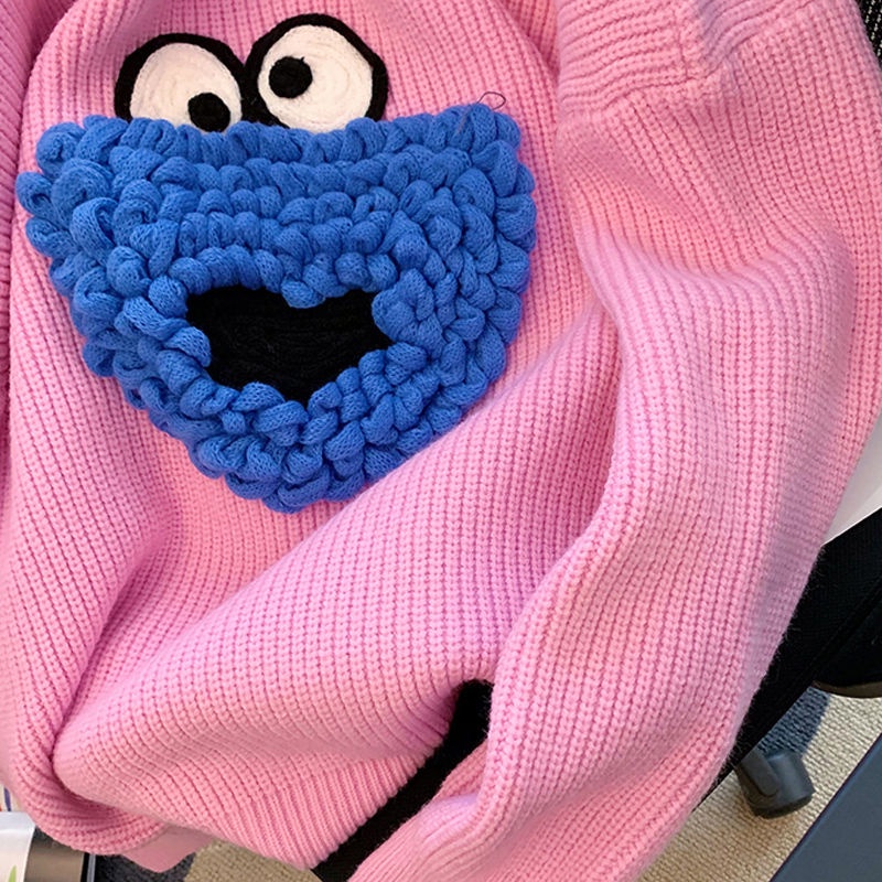 Áo Sweater Dáng Rộng Mềm Mại In Hình Sesame Street Kiểu Retro Nhật Bản Thời Trang Thu Đông Cho Nữ