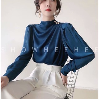 XẢ KHO-Áo lụa satin cổ xếp ly tay bồng