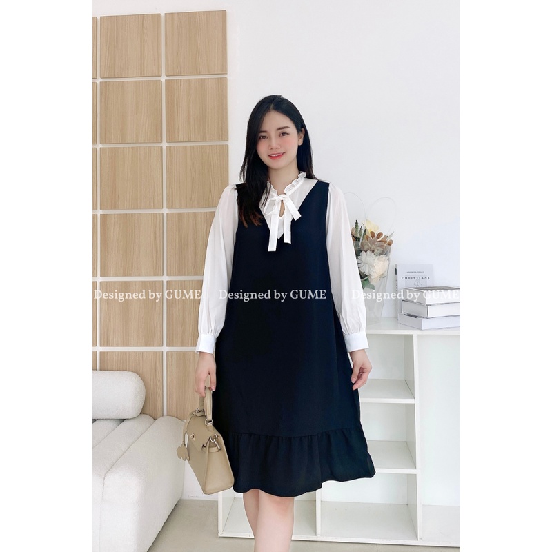 Váy bầu thu đông, đầm bầu thiết kế GuMe- màu đen dáng đuôi cá nhẹ phối trắng giả yếm vải sạn lụa 40-120KG- MB116
