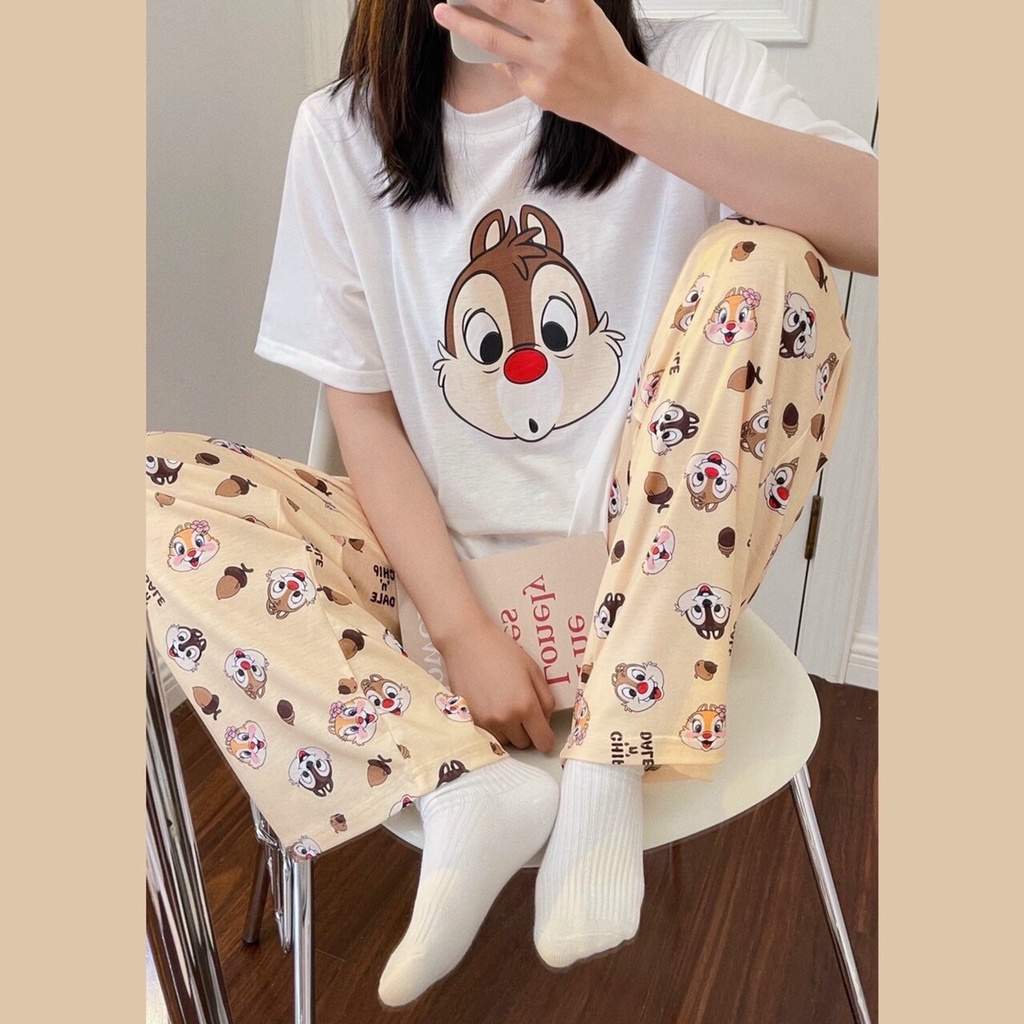 Đồ bộ nữ mặc nhà quần dài hoạ tiết hoạt hình dễ thương kèm áo thun form rộng thoải mái SIB087