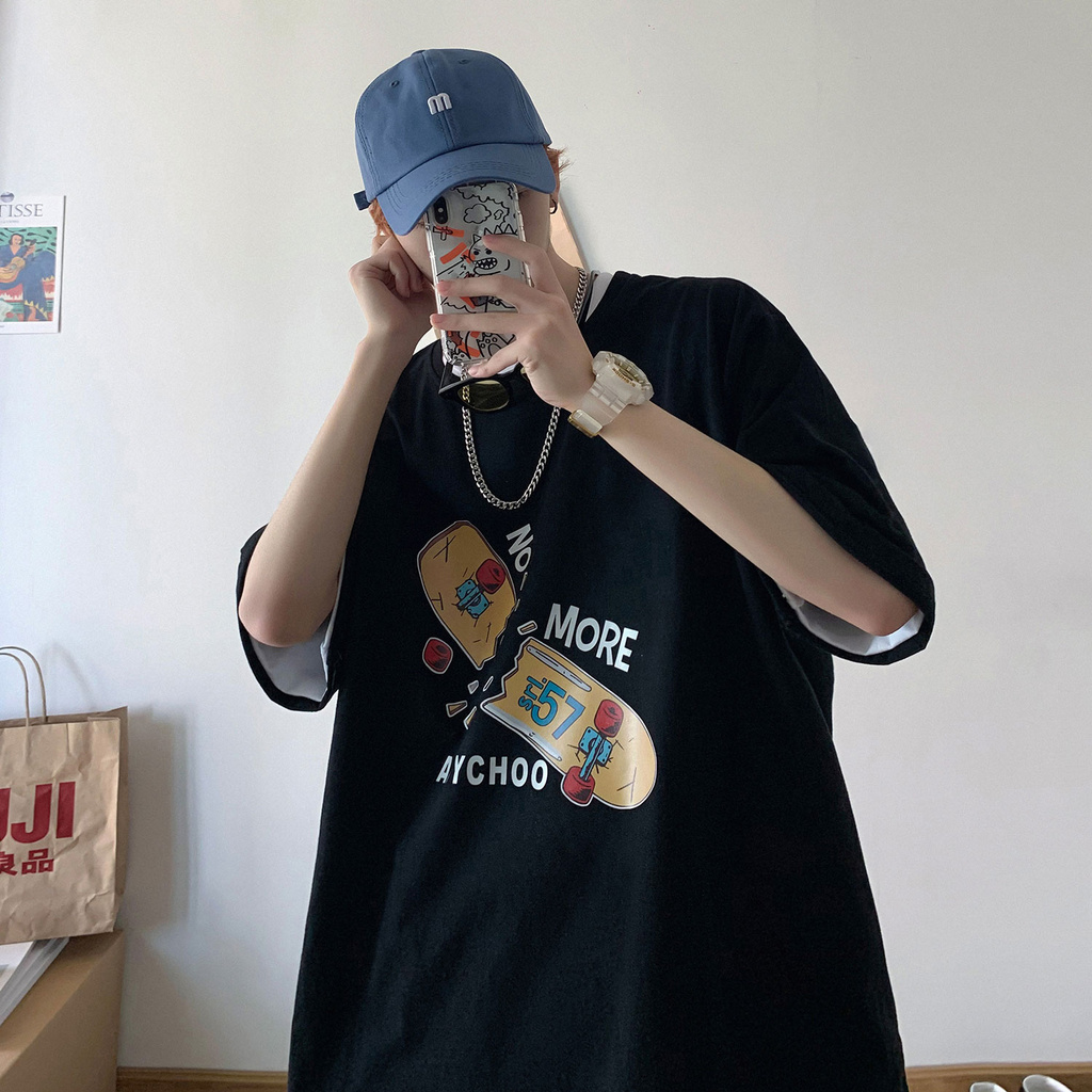 Áo thun tay ngắn dáng rộng in họa tiết ván trượt phong cách Hồng Kông thời trang cho nam