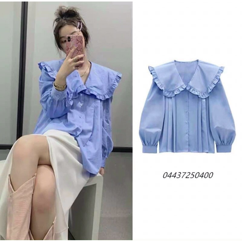 Áo sơmi xanh baby blue tay phồng cổ sen bèo xếp ly
