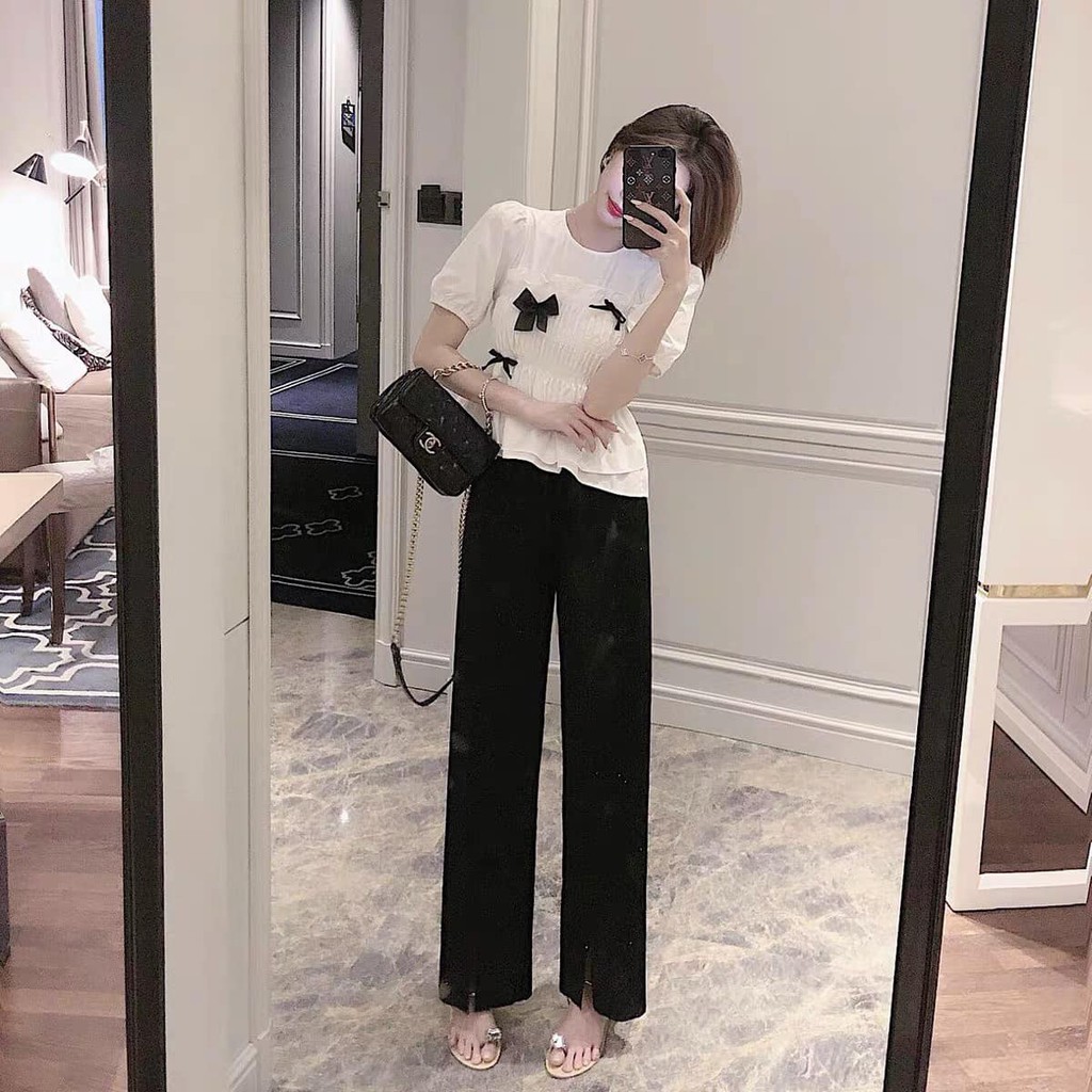 Áo sơ mi  nữ chun nơ tiểu thư