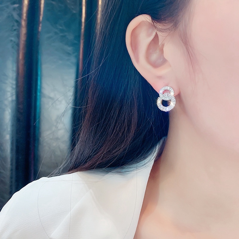Bông Tai Mạ Bạc 925 Hình Tròn Đính Đá Zircon Thời Trang Dành Cho Nữ