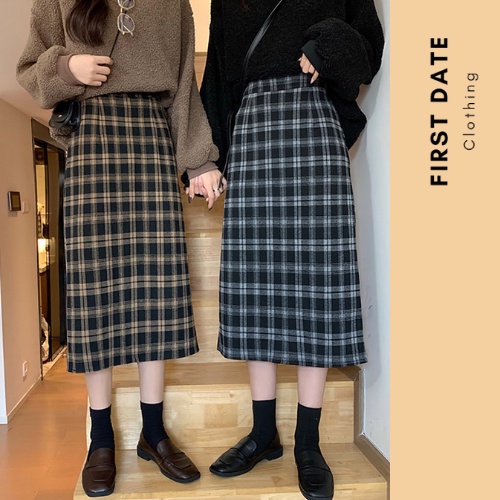 Chân váy chữ A kẻ caro dạ Chân váy dài nữ FIRST DATE cạp cao nhẹ nhàng vintage