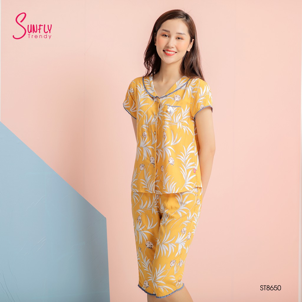 Bộ pijamas lanh Sunfly áo cộc quần ngố ST8650