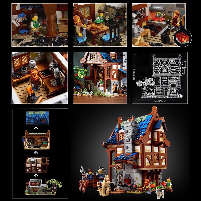 King 99909 Medieval blacksmith 21325 bộ đồ chơi lắp ráp mô hình lò rèn vũ khí thời trung cổ 2164 chi tiết