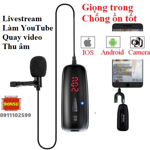 Micro cài áo không dây sóng UHF, cắm điện thoại livestream, thu âm, quay video, làm YouTube, Vlog từ xa