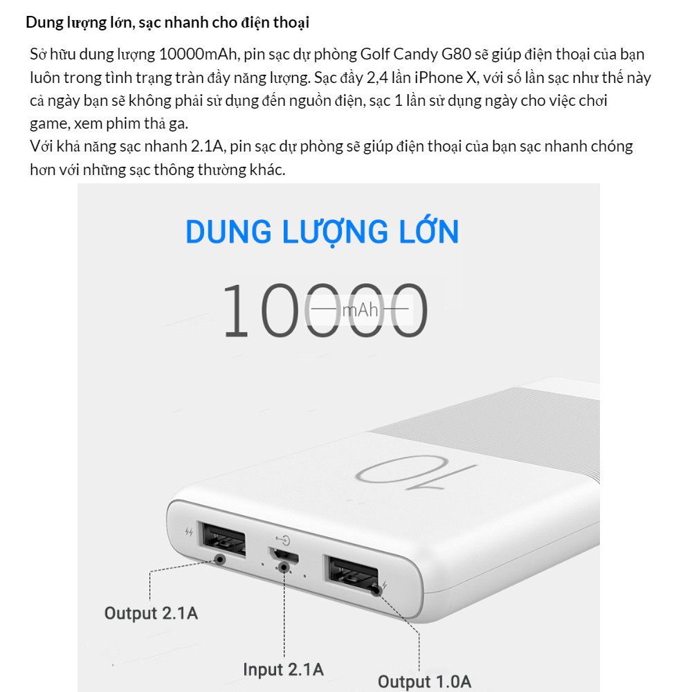 Pin sạc dự phòng 10000mAh Golf CANDY G80 2 cổng USB vỏ nhựa ABS chống cháy (Đen)