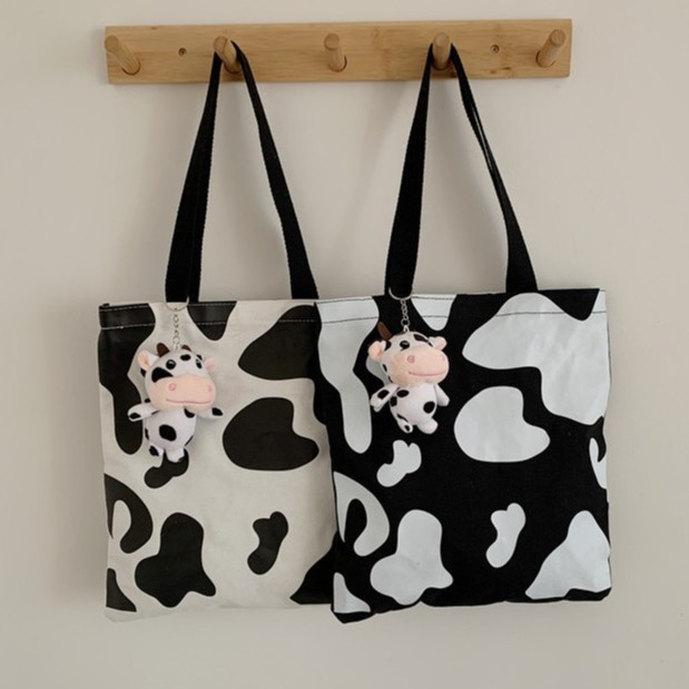 Túi Tote Đeo Vai Vải Canvas Họa Tiết Bò Sữa Dễ Thương Kiểu Nhật Bản
