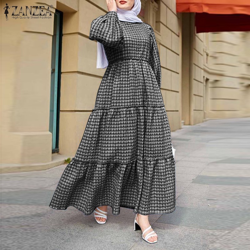 Zanzea Đầm Nữ Tay Phồng Họa Tiết Caro Thời Trang