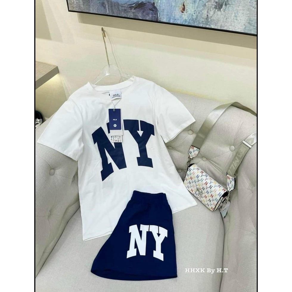 Đồ bộ nữ chữ  N. Y 2 màu đen than áo thun cộc tay phối quần short chất cotton 4 chiều