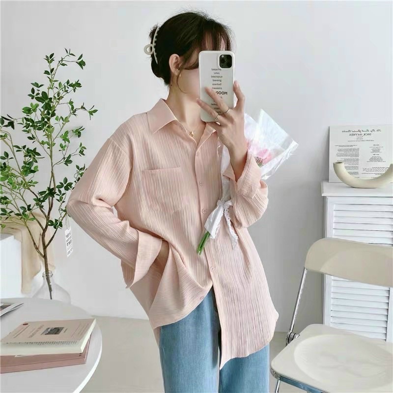 Áo Sơ đũi sọc tay dài có túi Quảng châu form rộng dài nữ