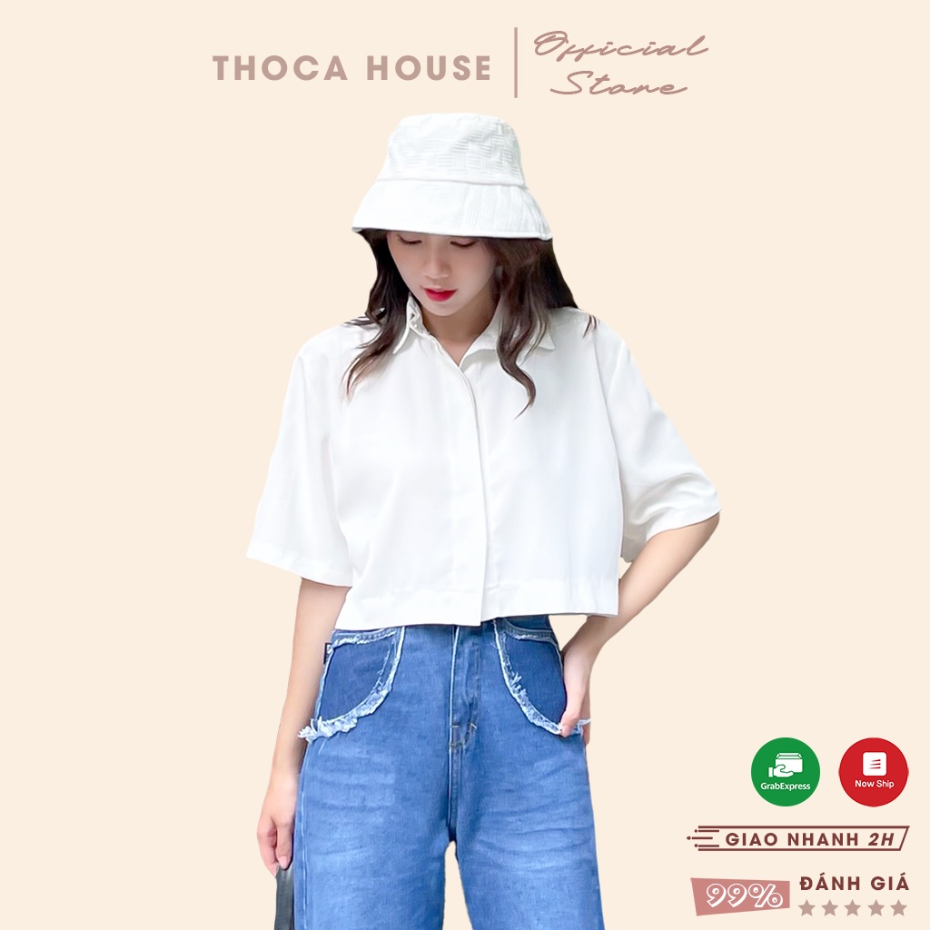 Áo sơ mi nữ croptop công sở dáng trơn ngắn tay nhiều màu THOCA HOUSE mặc đi làm, đi học, dạo phố