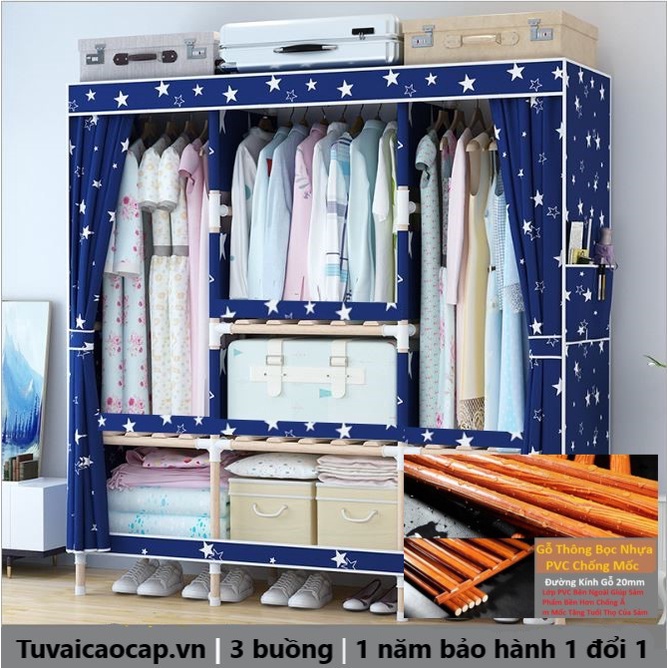Tủ vải khung gỗ 3 buồng mẫu hồng chân chó (hàng loại 1)