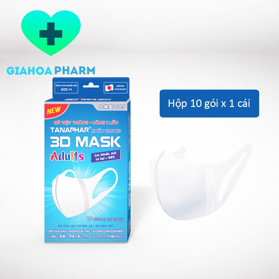 Khẩu trang người lớn Tanaphar 3D Mask (CHÍNH HÃNG) - Hộp 10 cái đã tiệt trùng, ôm sát mặt, chống bụi, khuẩn